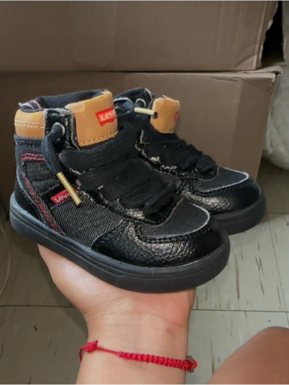 Levi's Black and Tan Kids High-Top Sneakers with Red Accent